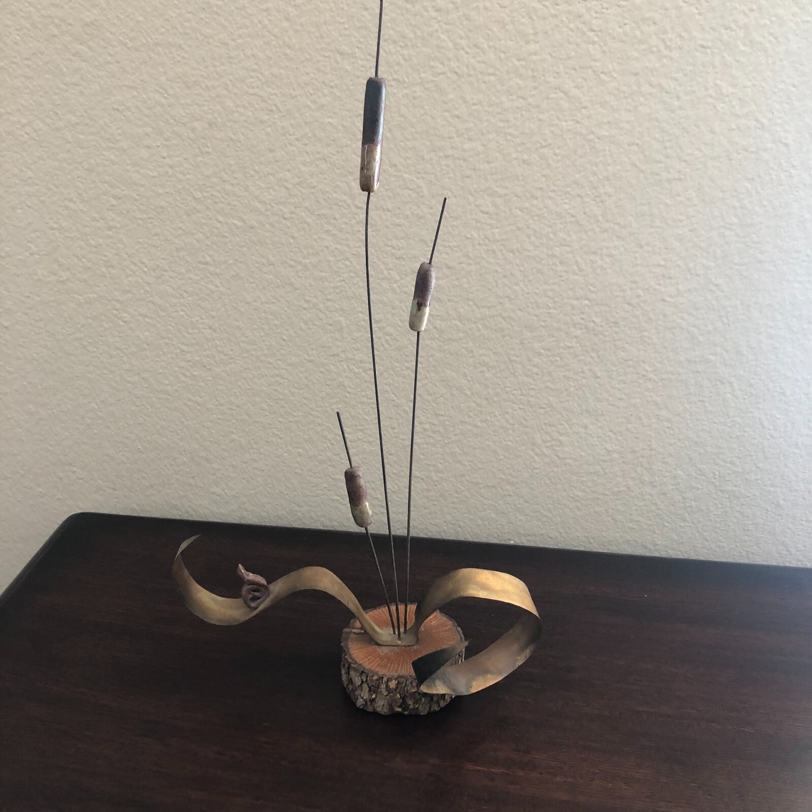 Vintage MCM Brass Metal Sculpture Cattails Turtle Pottery with Wood Base