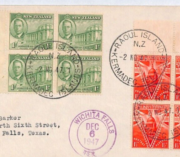 NEW ZEALAND Cover *RAOUL ISLAND* 1947 CDS Kermadec Islands VICTORY BLOCKS YL89