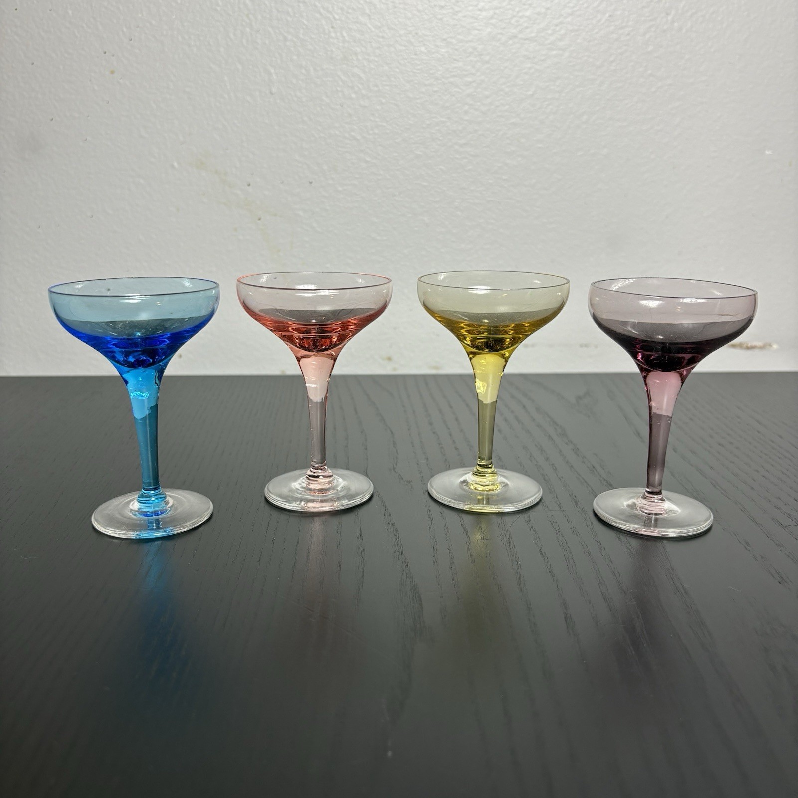 Lot/Set of 4 Vintage Rainbow Colored Glass Small 3.5" Cordial Glasses