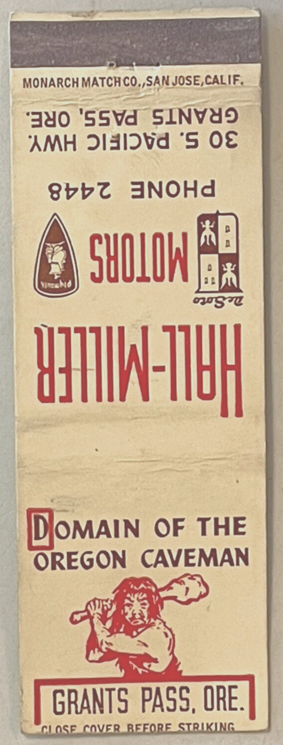 1940's Hall-Miller Motors DeSoto-Plymouth "Caveman" Matchbook Cover Only, Oregon