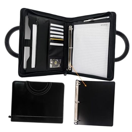  Zippered Portfolio Binder with 0.8-inch Rings Black Round handle