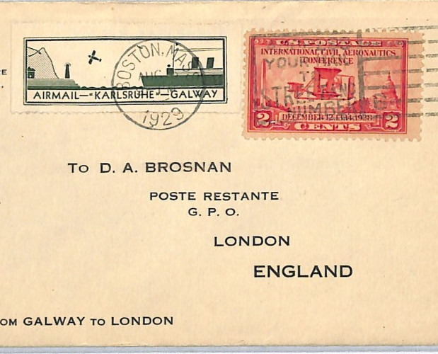 USA Cover 1929 TRANSATLANTIC Air Mail *KARLSRUHE-GALWAY* Label/Etiquette WZ203