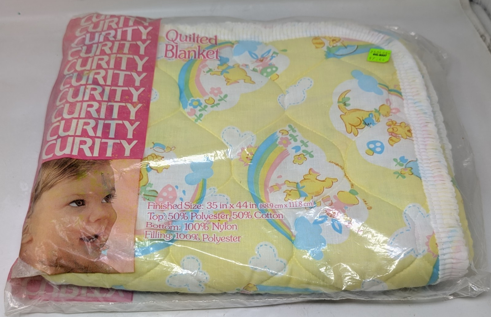 Vintage Curity 1981 Baby Quilt Blanket Yellow Rainbow Elephant Cat Bear NEW OPEN