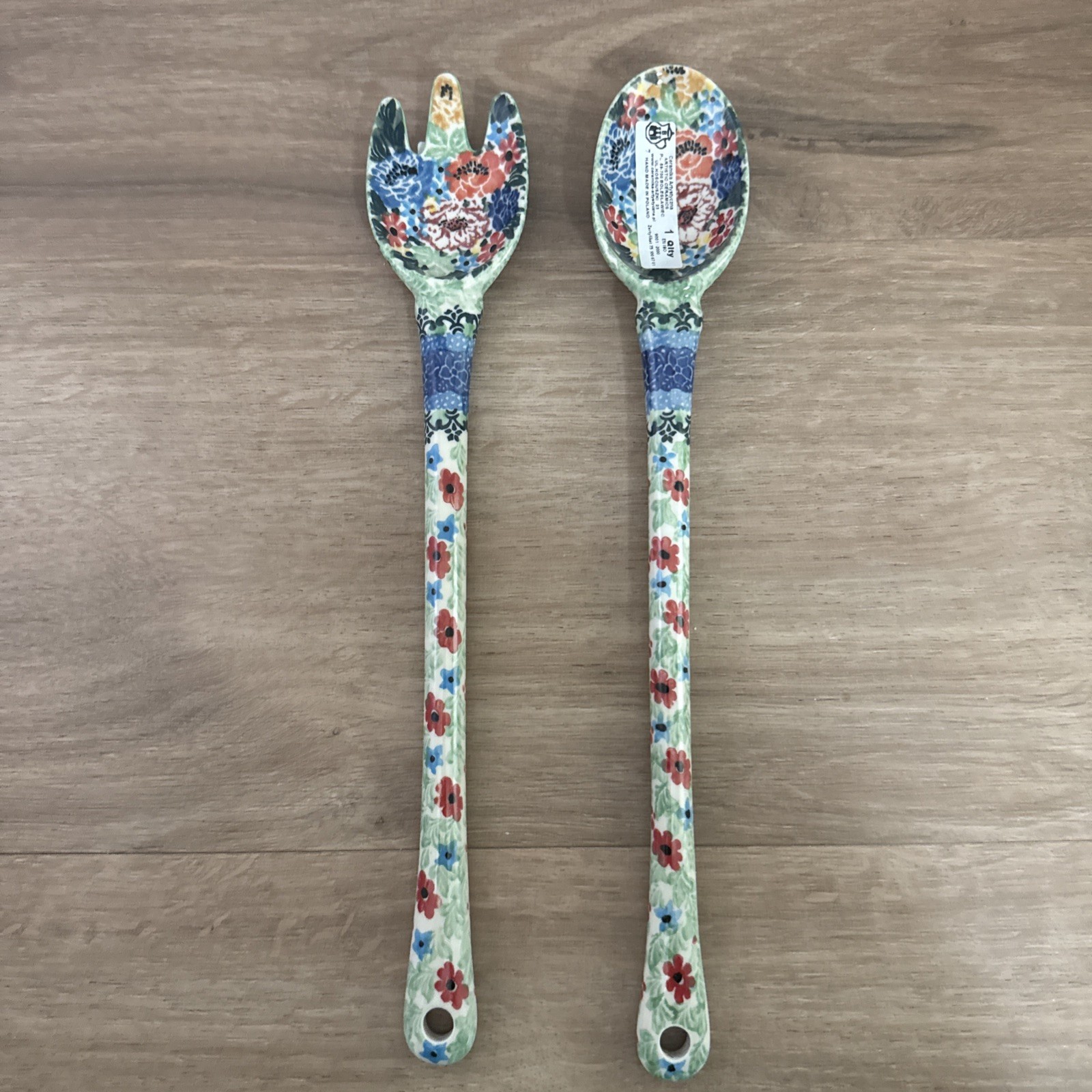 Polish Pottery Salad Spoon and Fork Set Tongs 12" Unikat Ceramika Artystyczna
