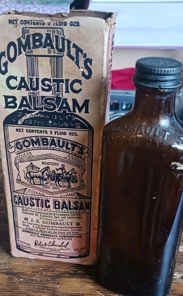 Gombault’s Caustic Balsam Bottle & Box  Antique Quack Veterinary Medicine
