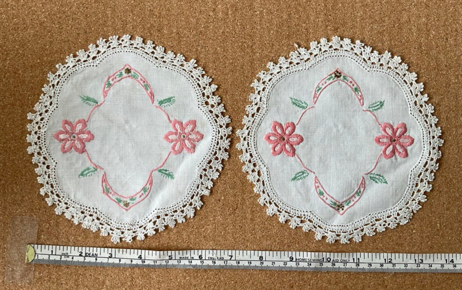 Pair of Vintage Handmade Embroidered Doilies cottage core - 17 cm diameter
