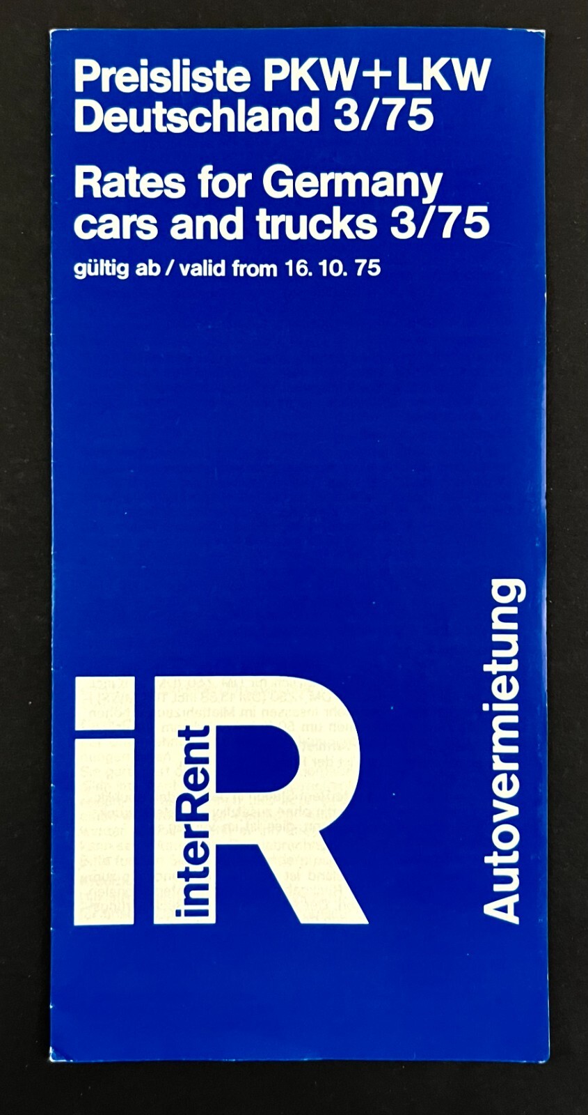 1975 InterRent Autovermietung Preisliste Germany Auto Rates Vtg Travel Brochure