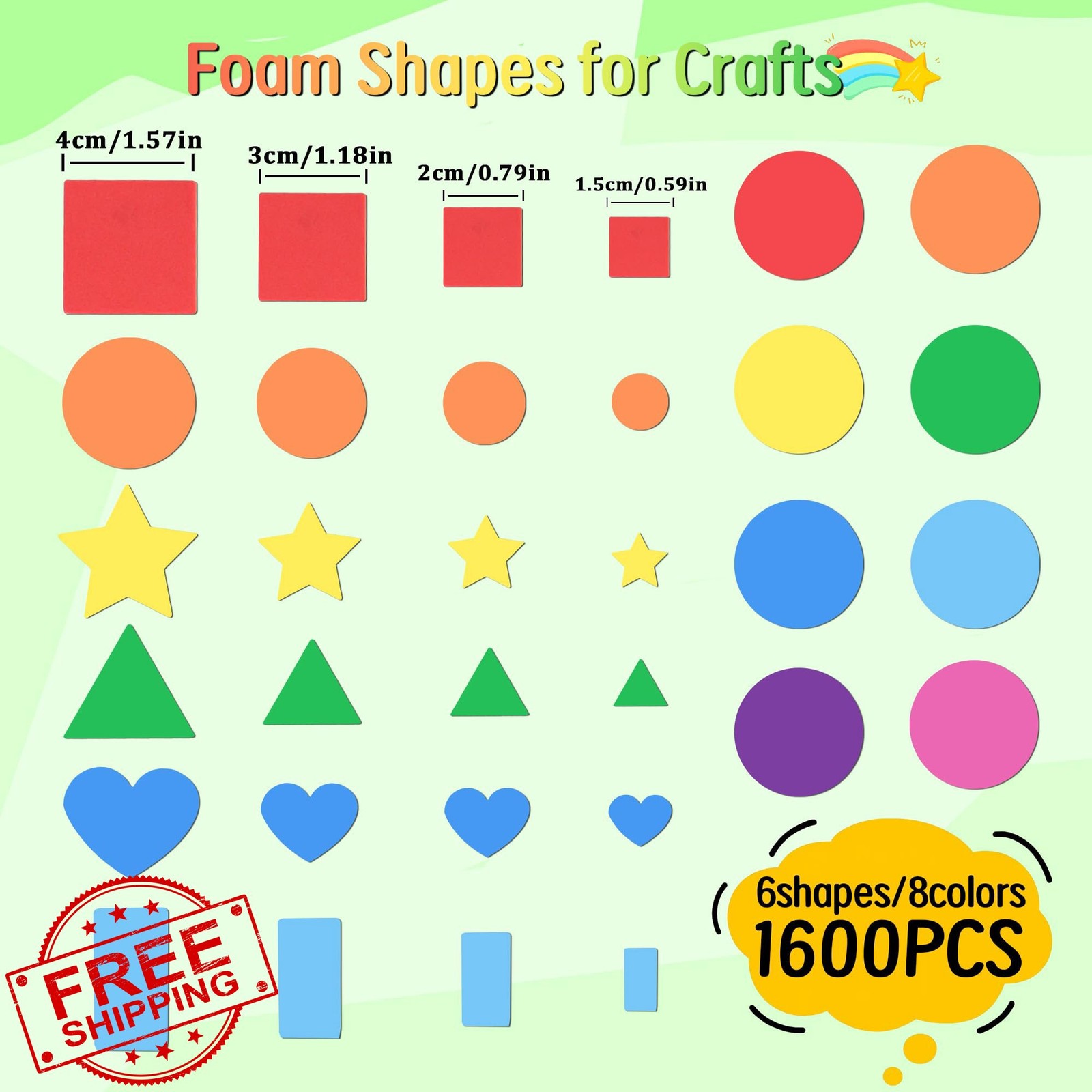 1600 Foam Shape Stickers Kids Crafts Geometric 8 Colors