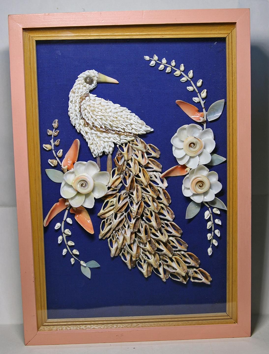 Seashell Peacock Bird Picture Art Pink Wood Frame MCM Vintage