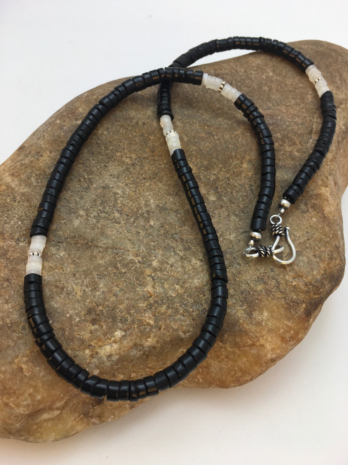Southwestern White MOP Heishi Black Onyx Sterling Silver Mens Necklace 8901