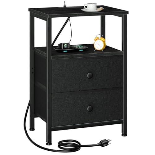 Nightstand with Charging Station, End Table with 2 Fabric Black Two-drawer
