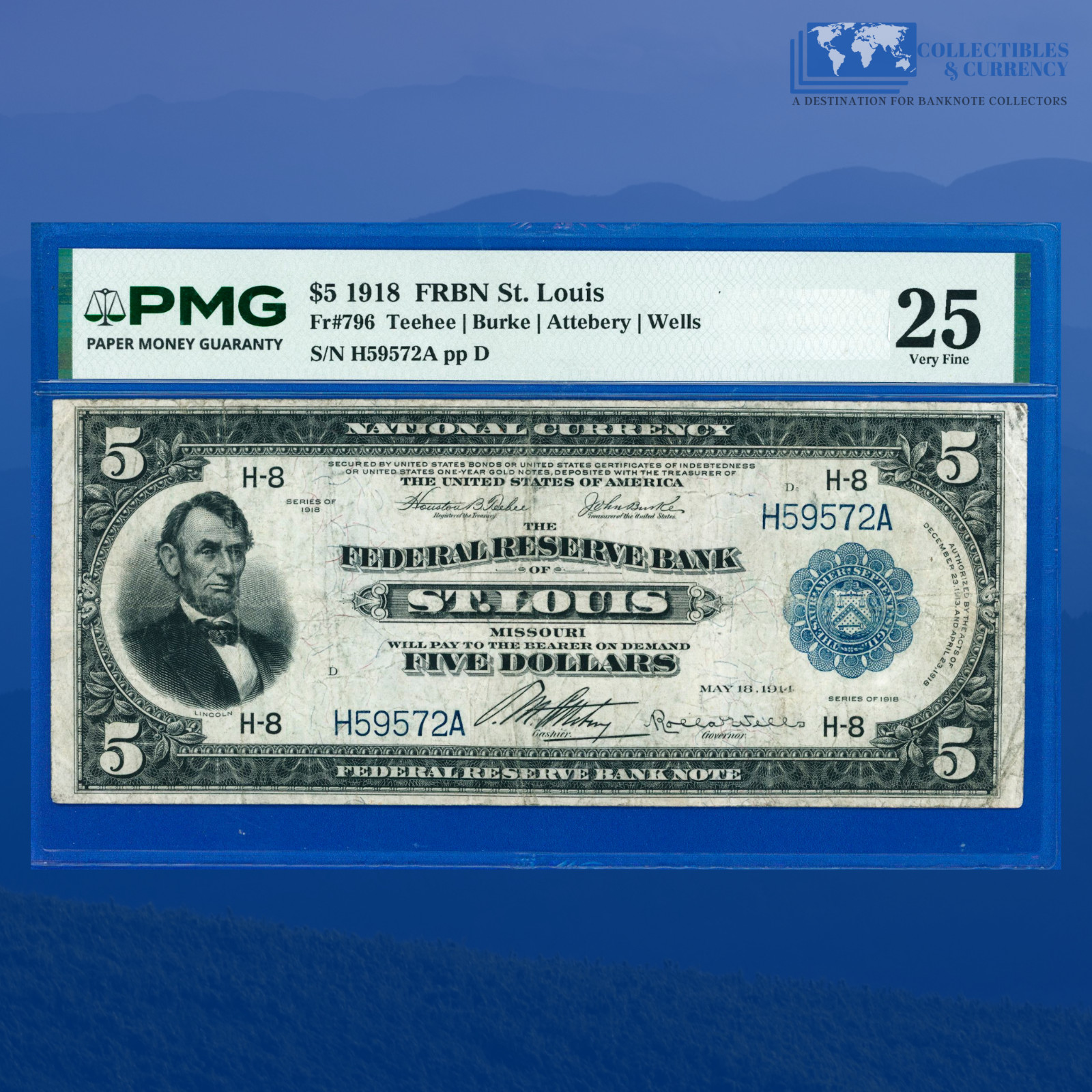 Fr.796 1918 $5 Five Dollars FRBN St.Louis, PMG VF 25 #59572