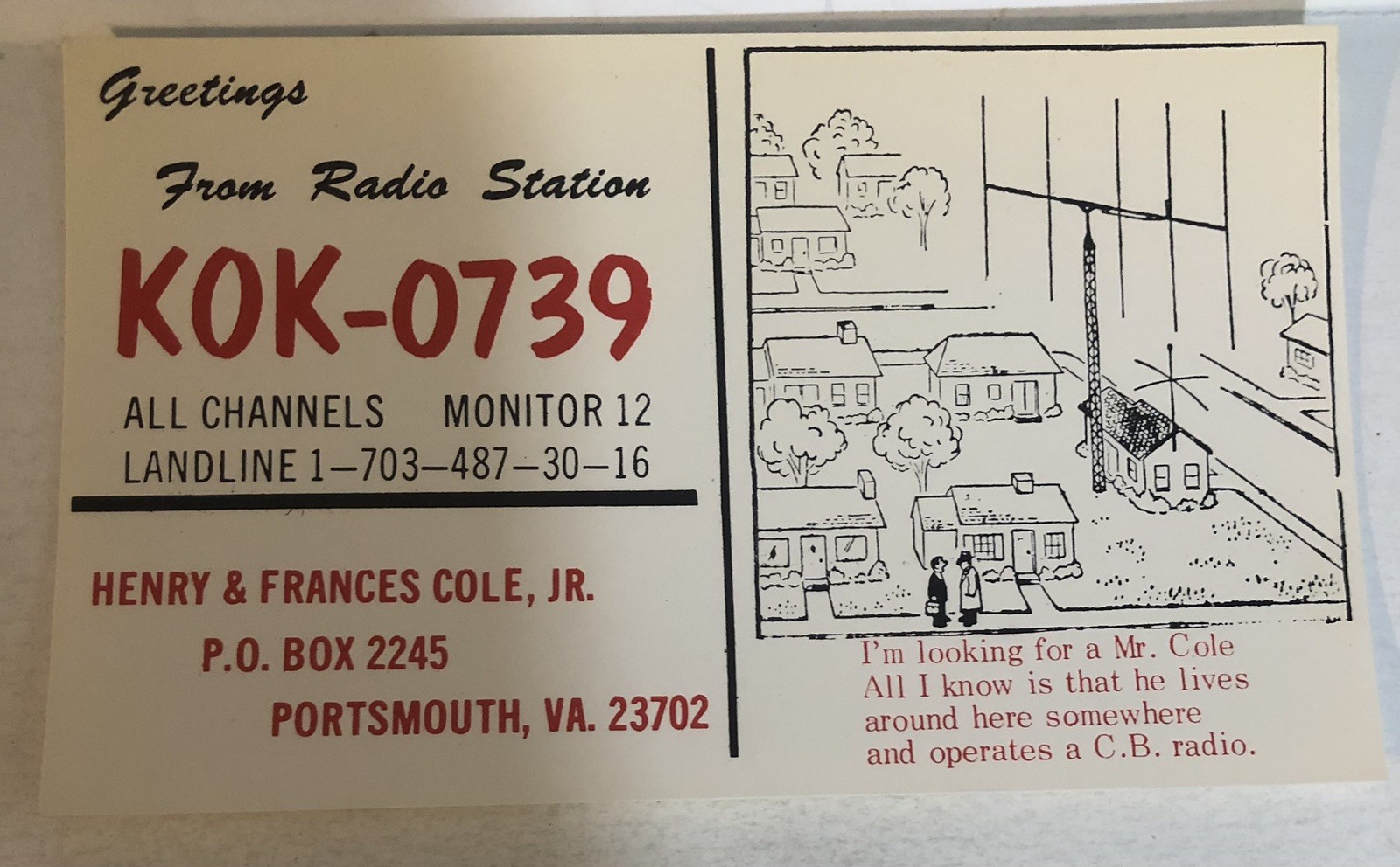 KOK-0739 CB Ham Radio Card QSL Portsmouth Virginia QL1