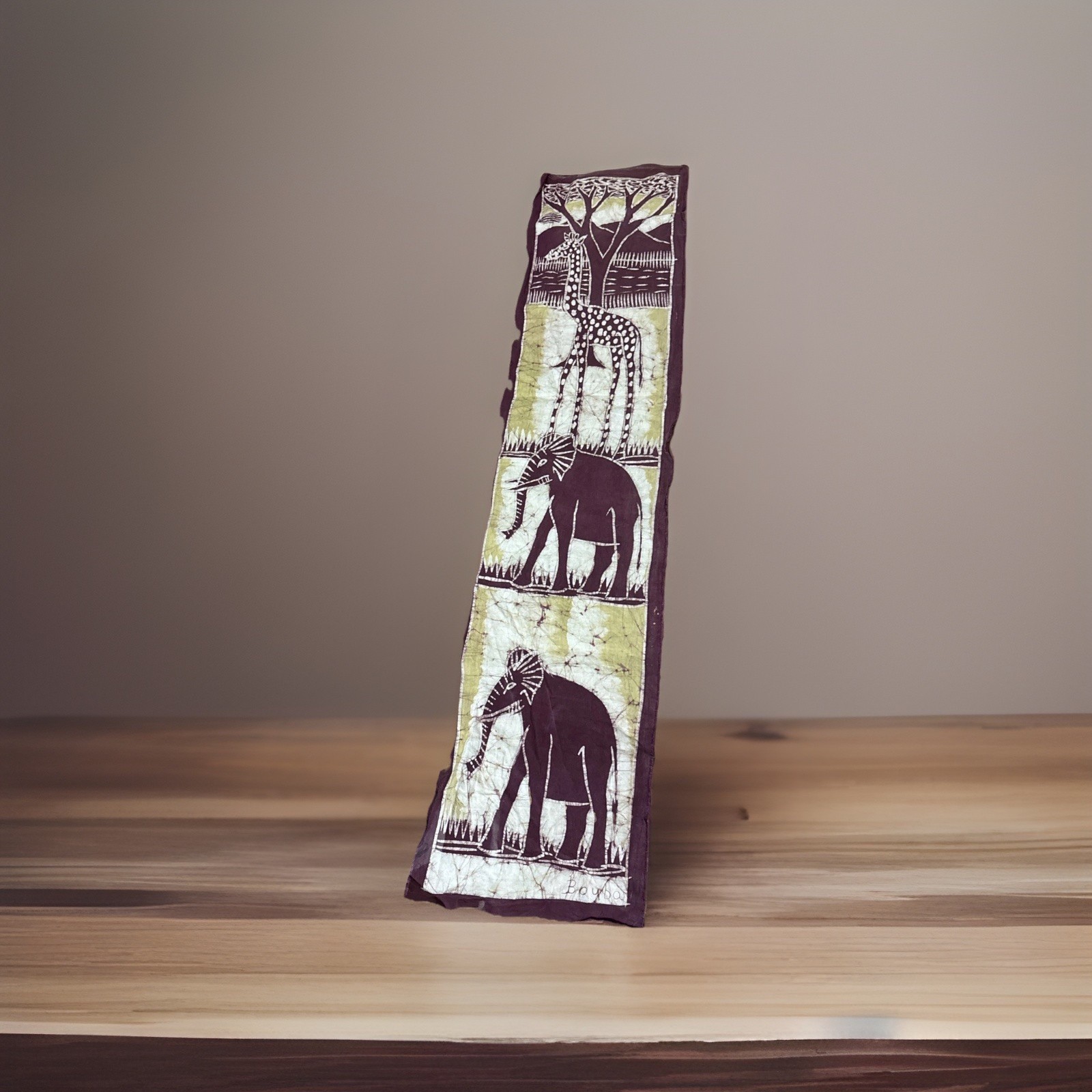 African Hand Dyed Batik Fabric Wax Ethnic Giraffe, Elephant Art Hanging Signed