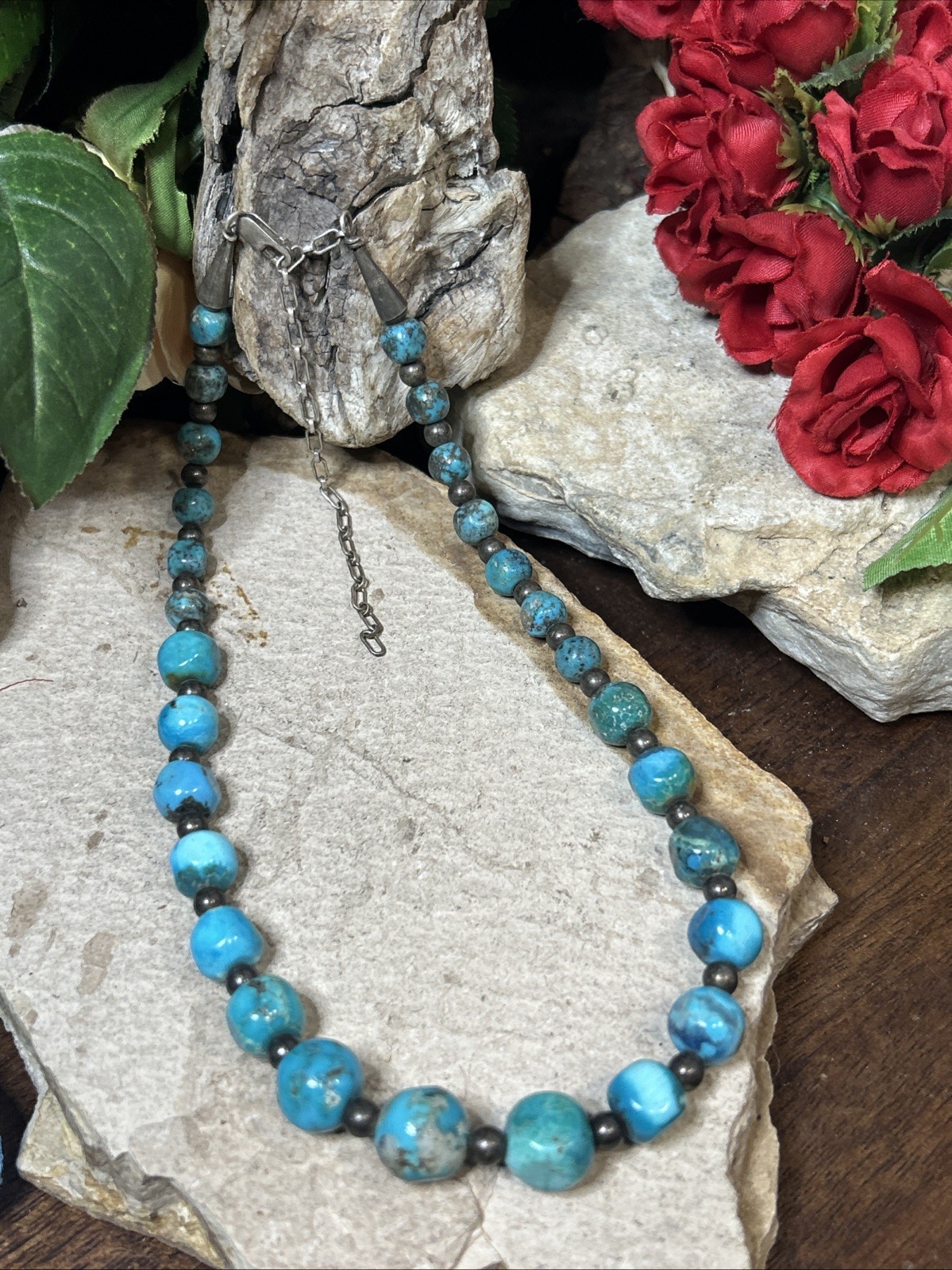 48. CP Carolyn Pollack 925 Sterling Graduated Turquoise Beaded Necklace 15.5"+3"