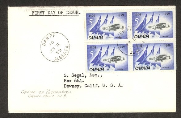 CANADA 1959 OFFICE OF THE POSTMASTER PURPLE OVAL CDS BACKSTAMP