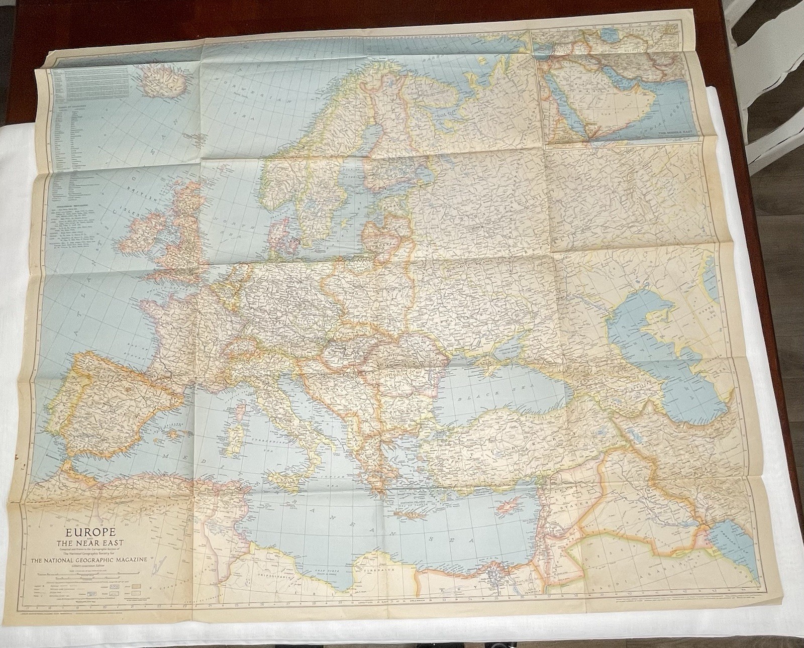 National Geographic Magazine Map Europe & Near East 1943 39” X 34” Ships Folded