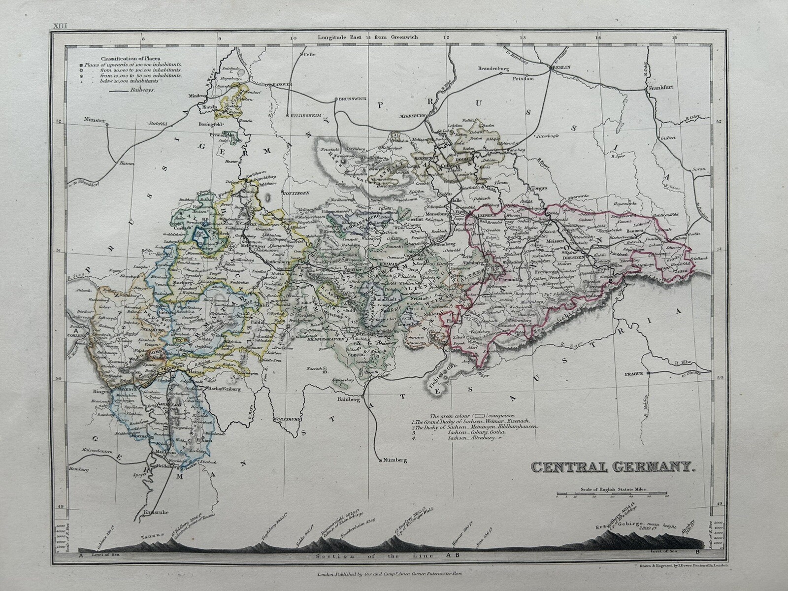 1851 Central Germany Hand Coloured Antique Map By John Dower Showing Mountains