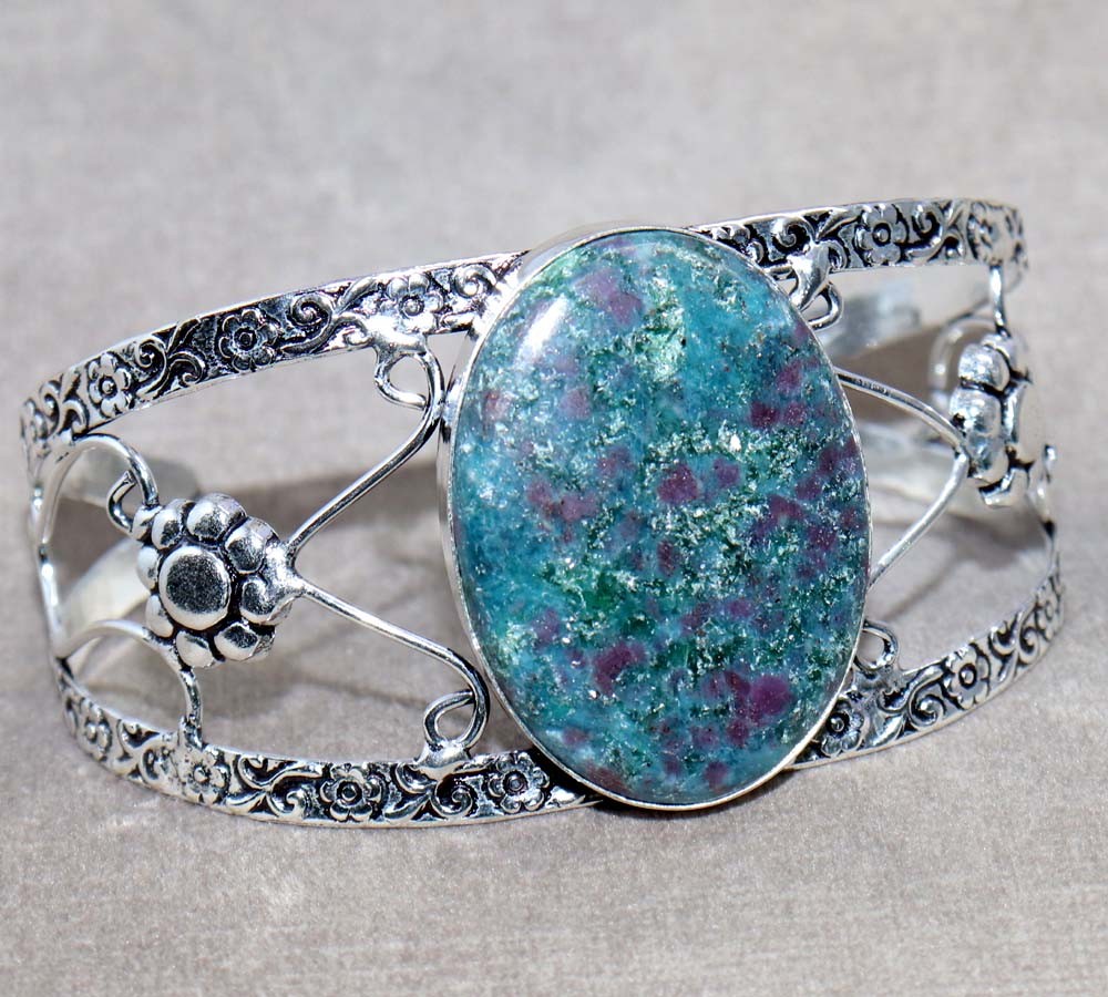 Huge Ruby In Fuchsite 925 Silver Plated Bangle FreeSize Daily Wear Jewelry JW