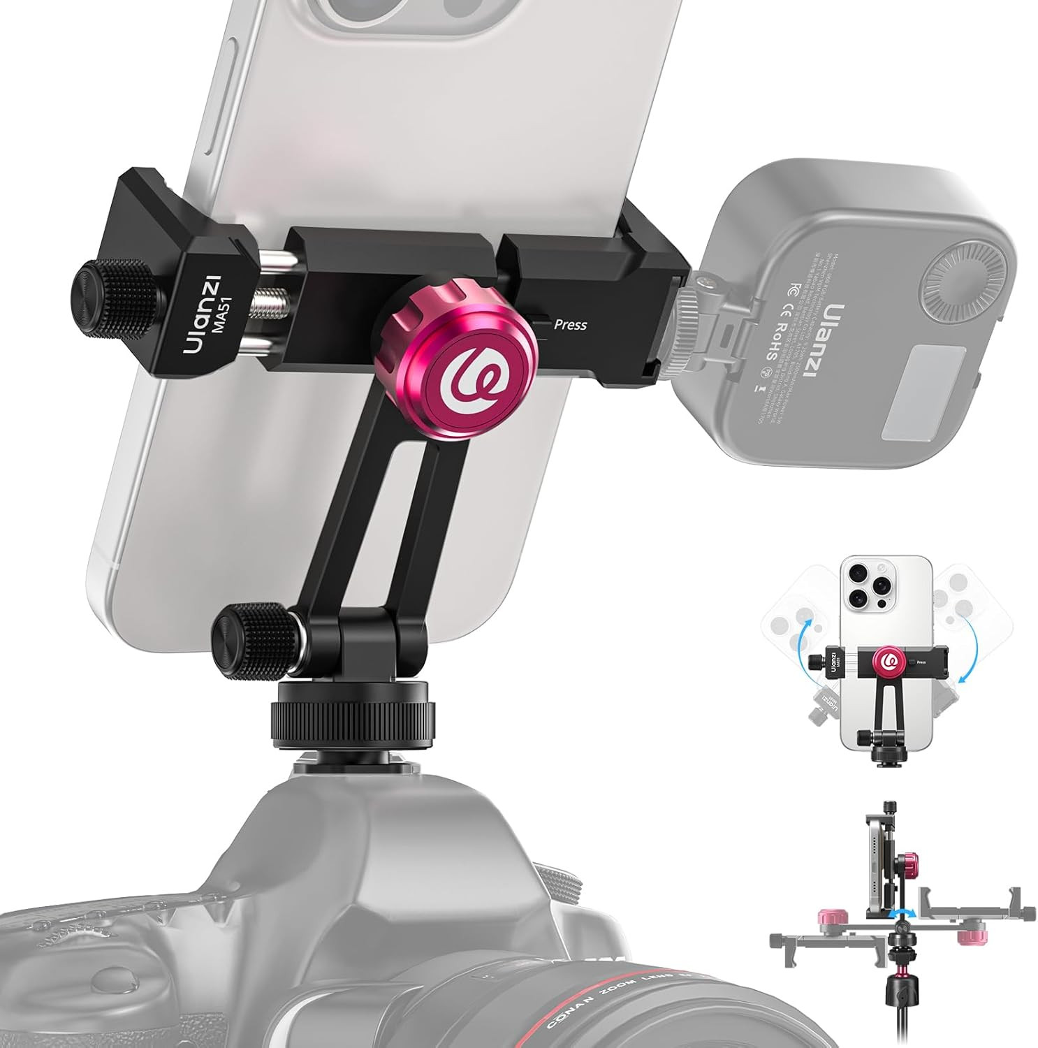 MA61 Metal Phone Tripod Mount with Cold Shoe, 360° Adjustable Hot Shoe Camera Ph