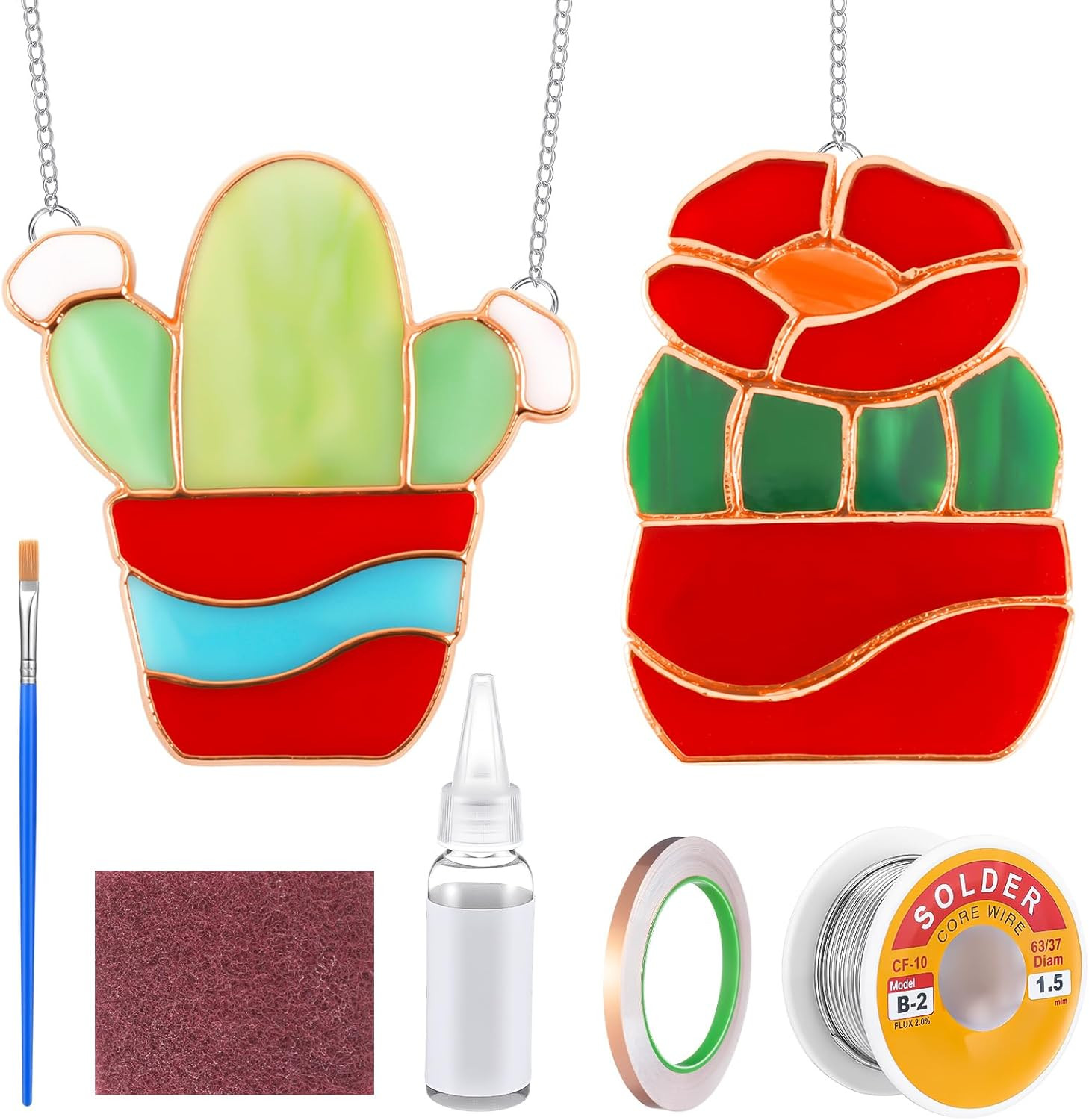 2 Sets Succulents Pre Cut Stained Glass DIY Stained Glass Craft Kit with Solder