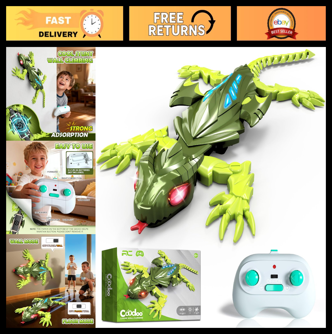 Remote Control Wall Climbing Gecko Lizard Car - Rechargeable Kids Toy for Ages 6