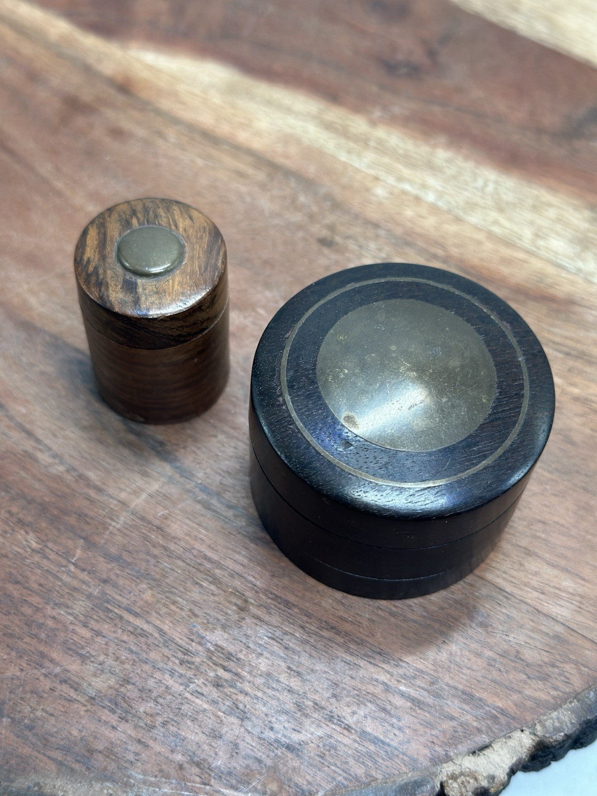 Treen Lidded Spice Pill Vanity Containers Storage Jars Turned Wood Brass Inlaid