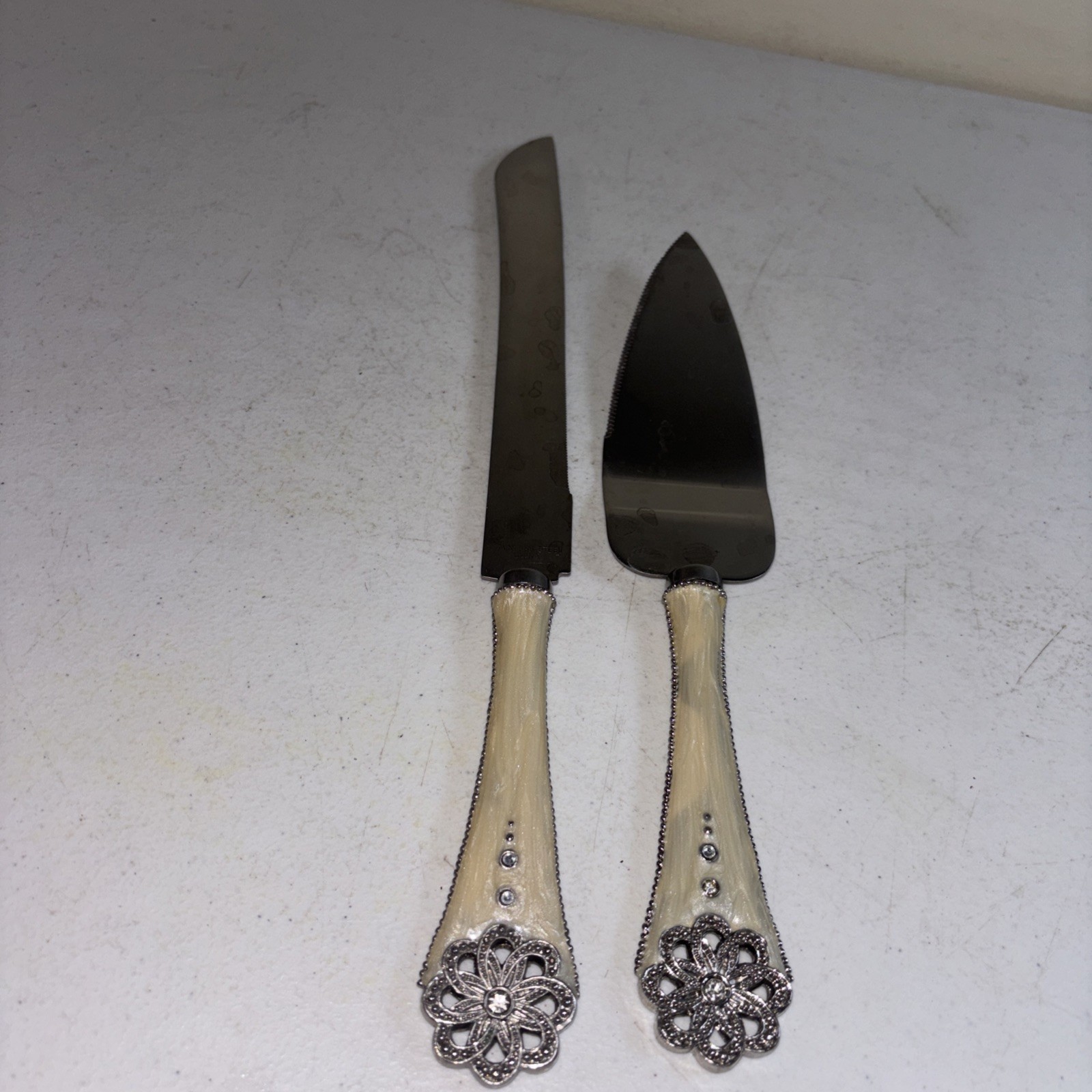 Enameled Mother Of Pearl & Rhinestone Cake Cutting Set Knife & Server Wedding