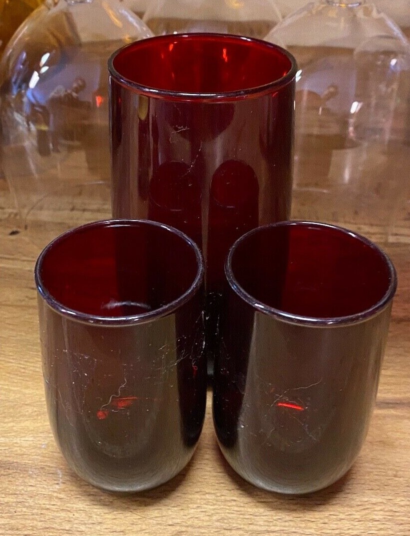 3 Vintage Royal Ruby Depression Glass Drinking Glasses 2 Sizes 3 3/8"/5" Barware