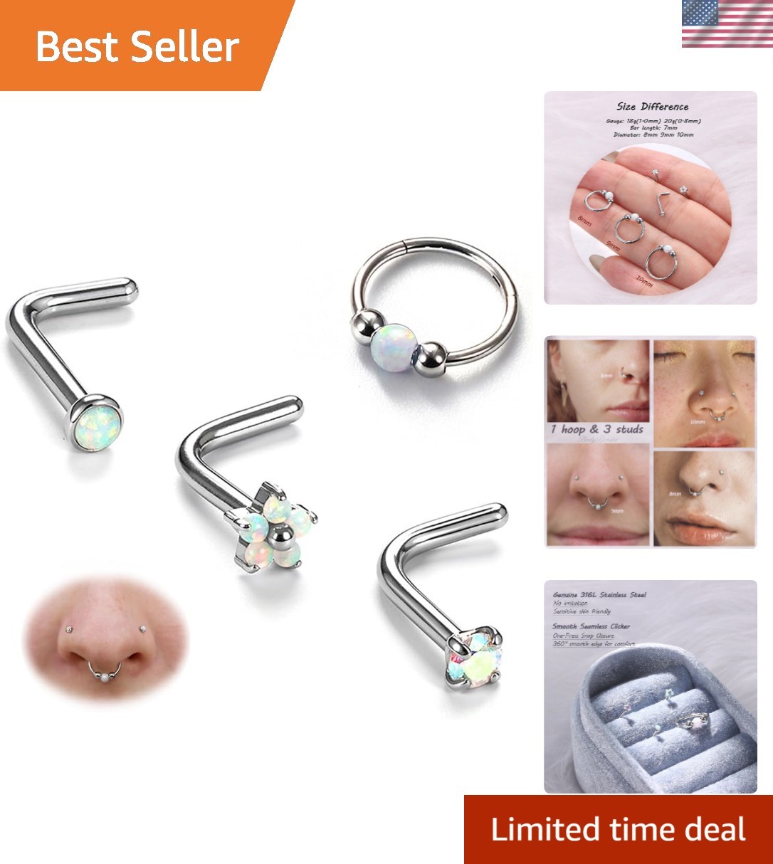 Opal Nose Rings for Women - 316L Surgical Steel Nose Hoops Piercing 20G 18G 1...