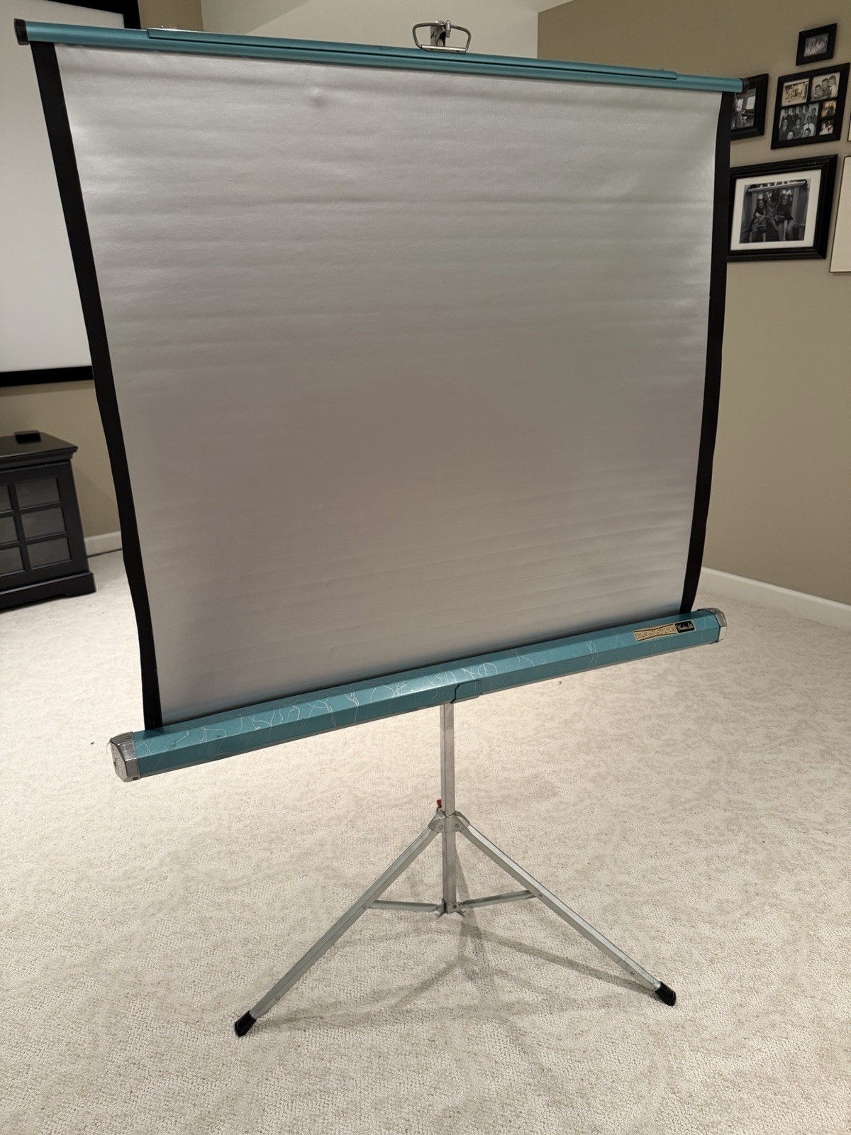 Da-lite Silver-Lite Movie Projector 40x35 Screen Tripod Vintage Teal Blue Mobile