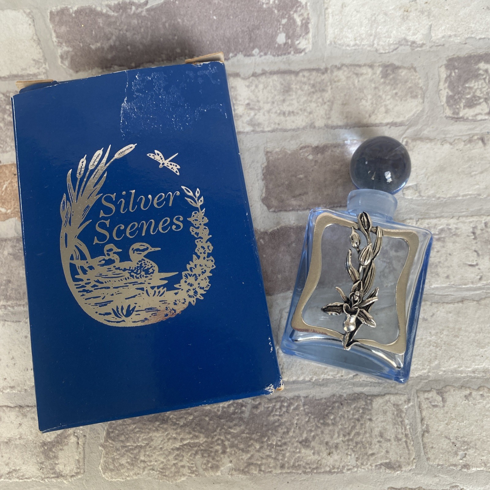 Vintage Silver Scenes, Blue Floral Perfume Bottle Boxed