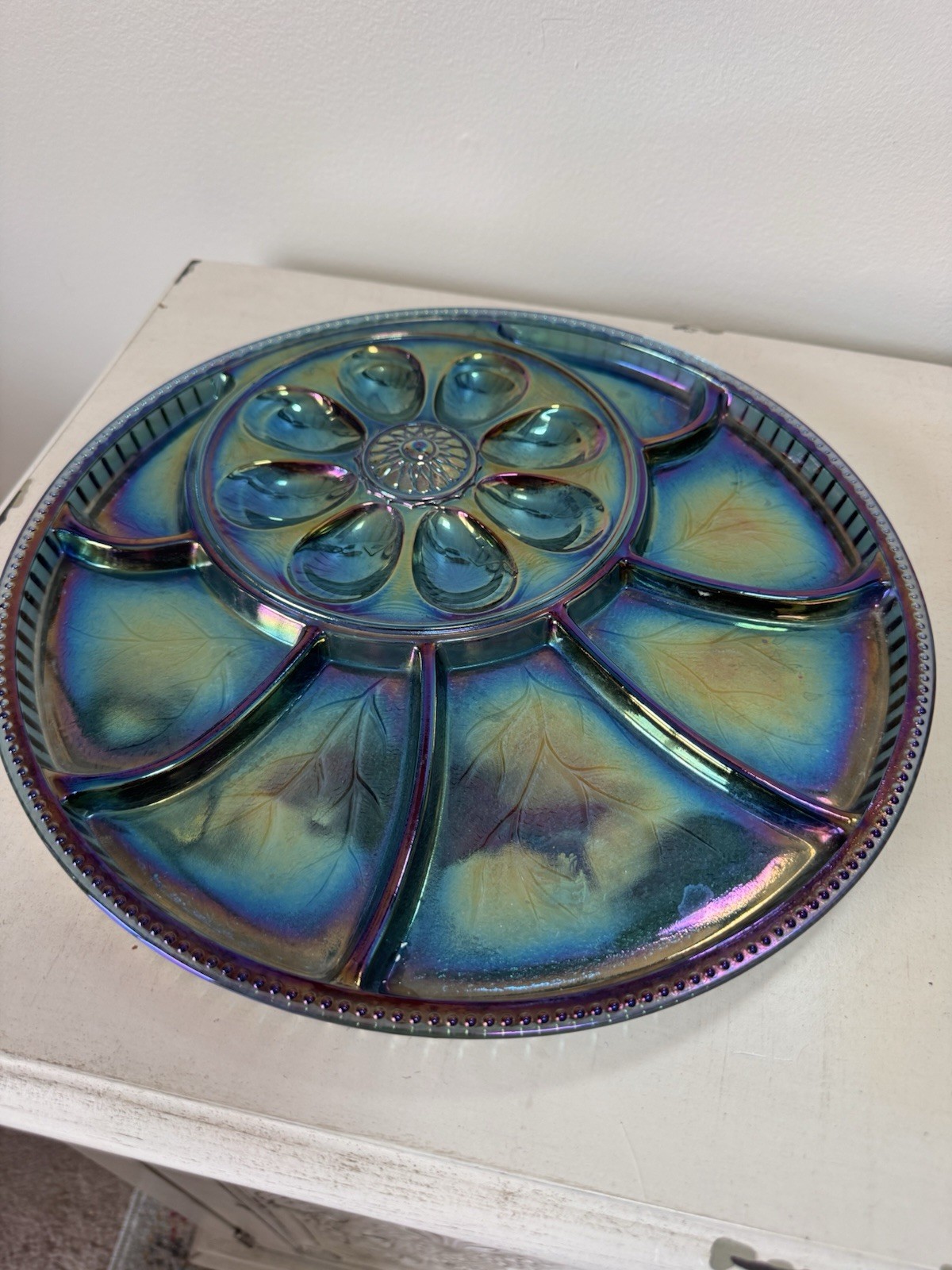 Indiana Blue Carnival Glass Vintage Egg Relish Dish Plate Iridescent 13”