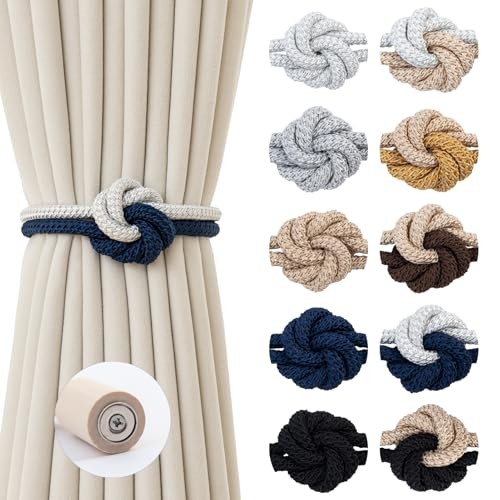 Magnetic Curtain Tiebacks Holdbacks - Wood Tie Backs Rope Holder 2 Beige Navy