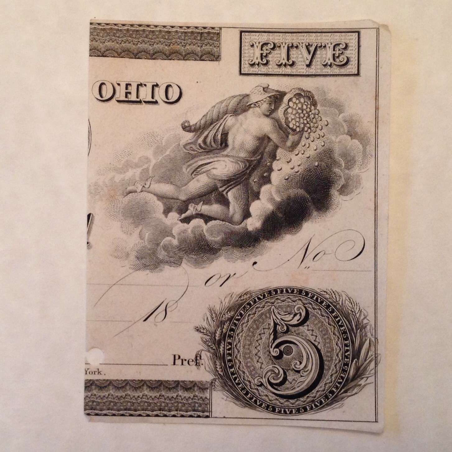 ~ 1800’s  $5 Ohio Obsolete Banknote Proof Vignette of Mercury