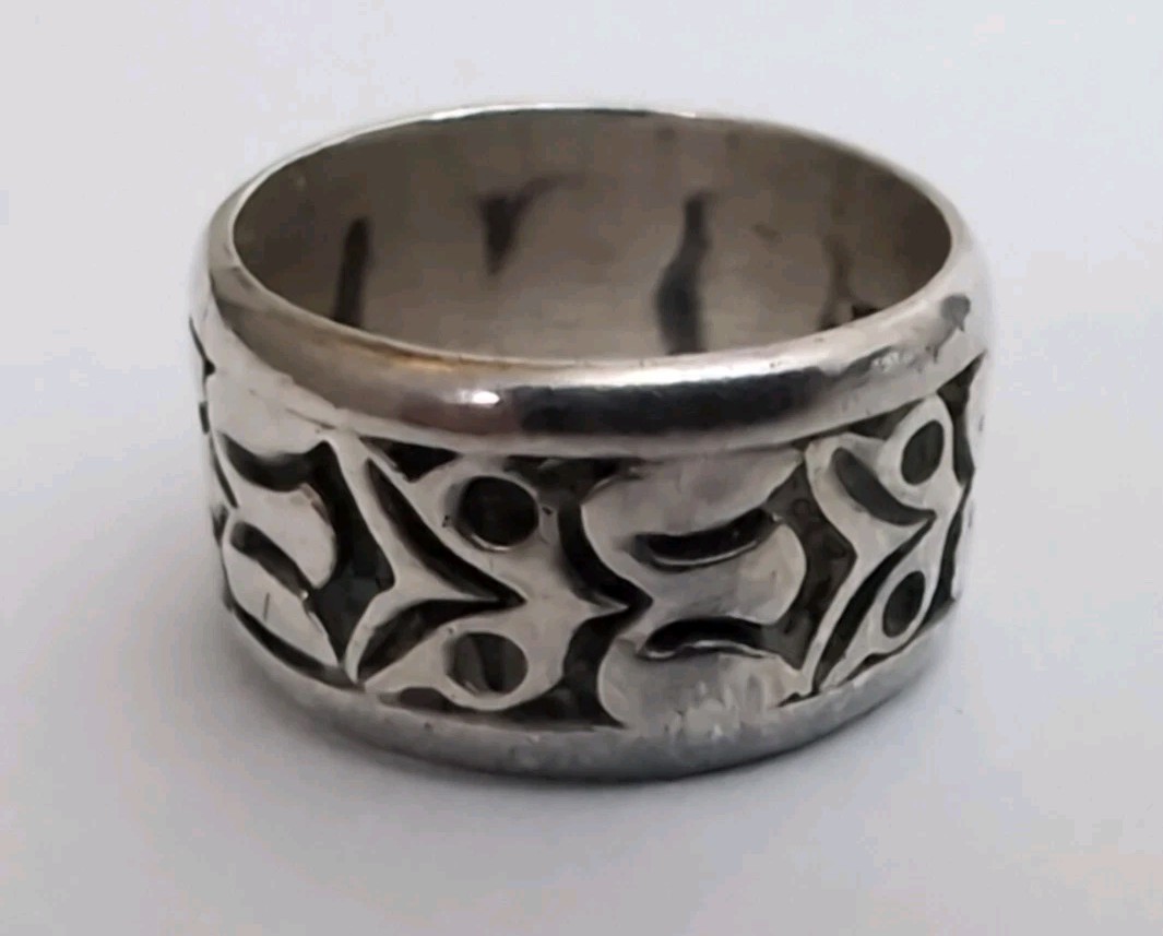 Vintage Taxco Mexico Sterling Wide Owl Band Ring Size 6