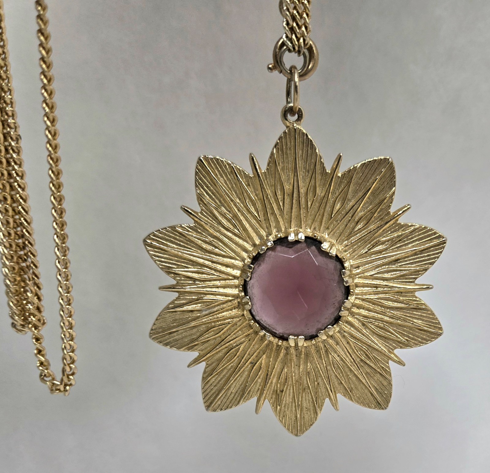 ART Pepper Gold Tone Lotus Flower with Amethyst Glass Center Pendant Necklace