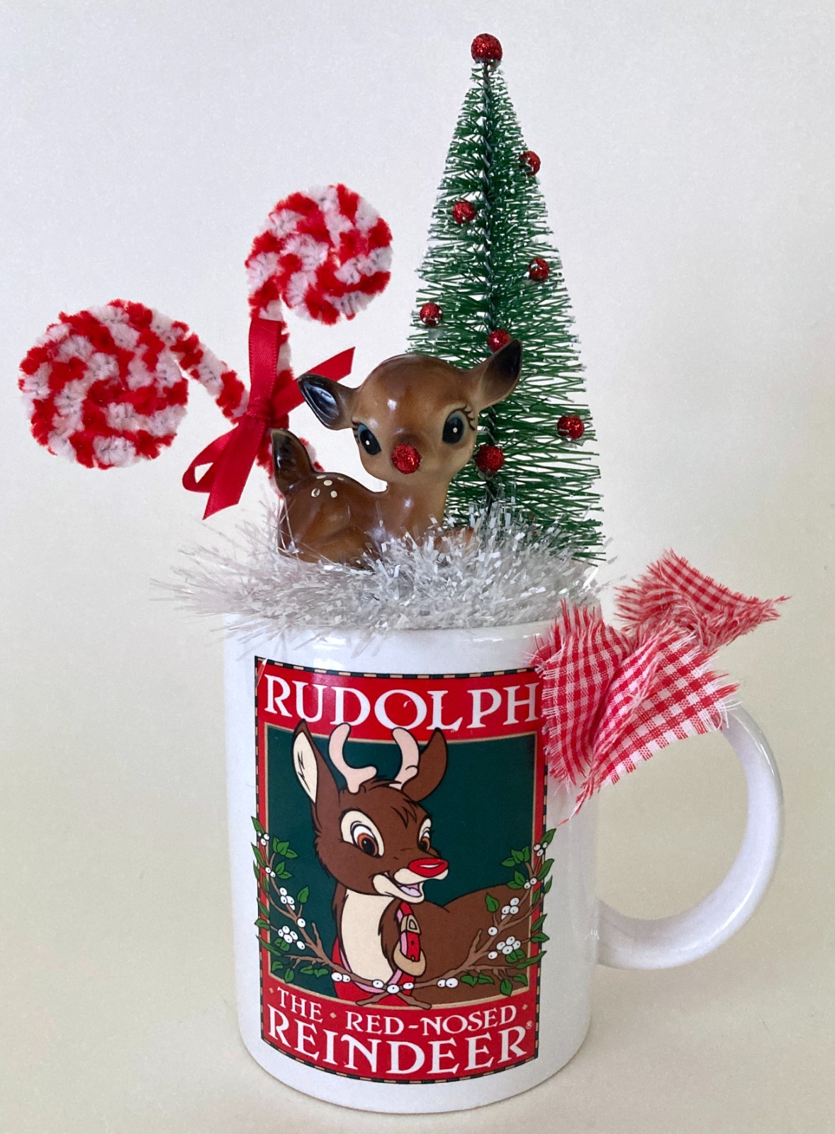 Vintage Rudolph Mug Cup Christmas Assemblage Reindeer  Bottle Brush Tree OOAK