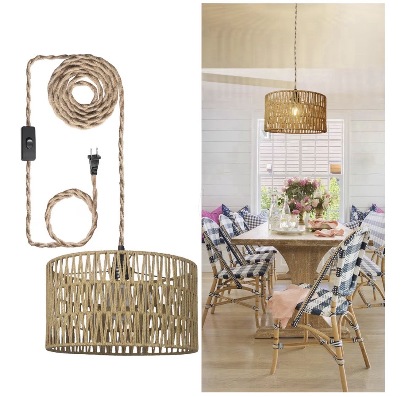 12.6 Inch Boho Hanging Light with Plug in Cord Rattan Hanging Lamp Hand Woven Cy