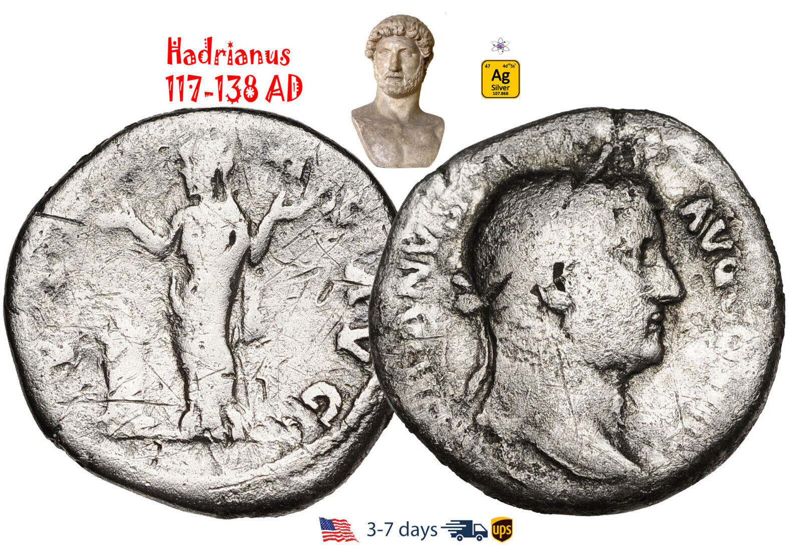 Ancient Roman Empire Coin Silver Denarius Hadrian 117 - 138 AD Authentic #31093