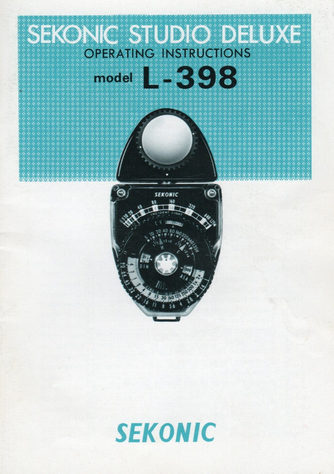 Vintage Sekonic Studio Deluxe Model L-398 Manual ORIGINAL