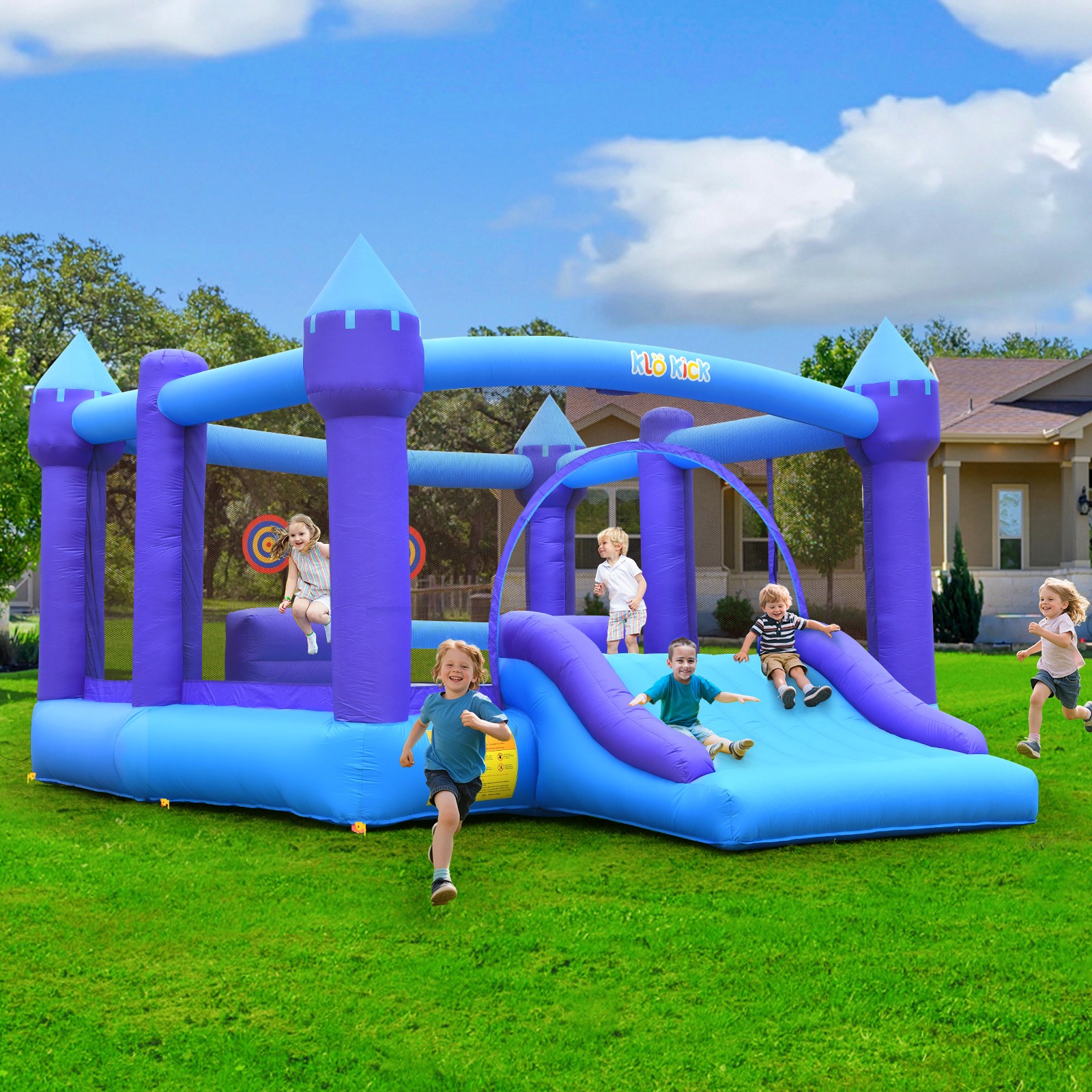 15x12ft Inflatable Bounce House for Kids w/ Blower Wider Slide & Basketball Hoop