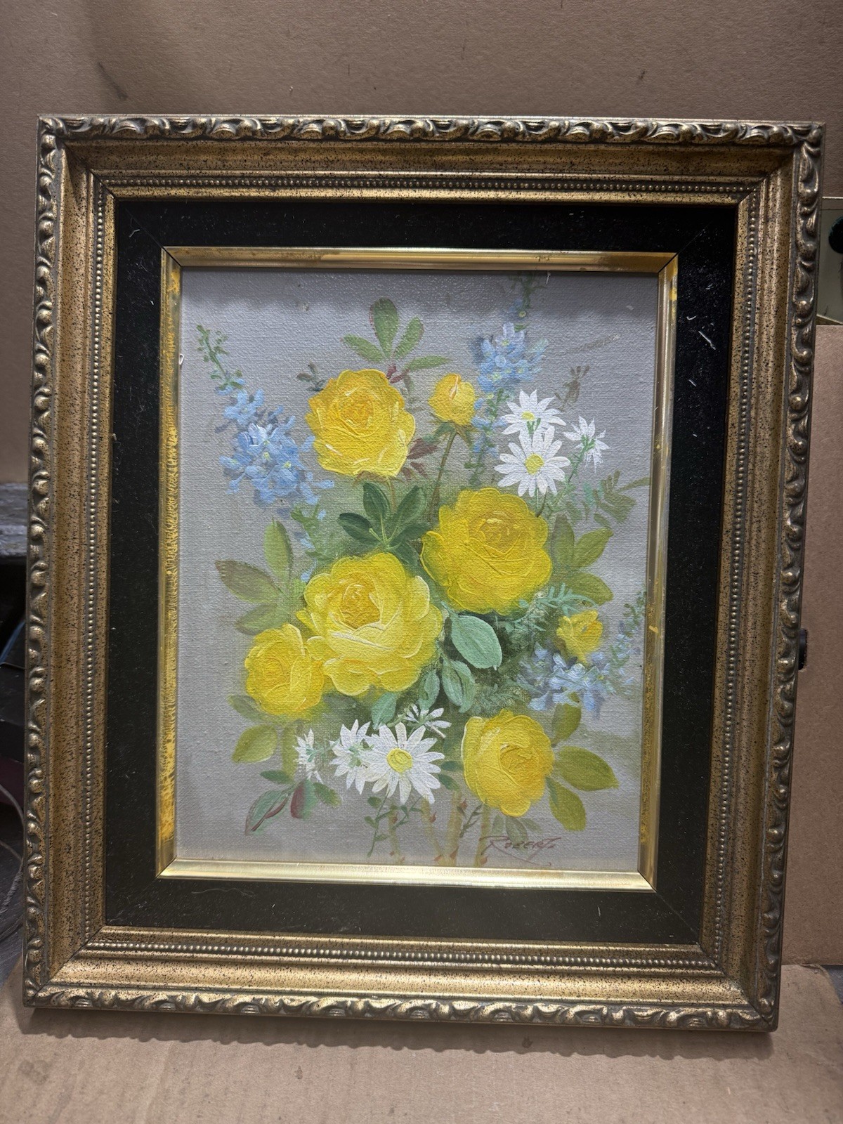 Vintage Original Oil Painting Floral Yellow Roses Daisies Signed Rogers Framed