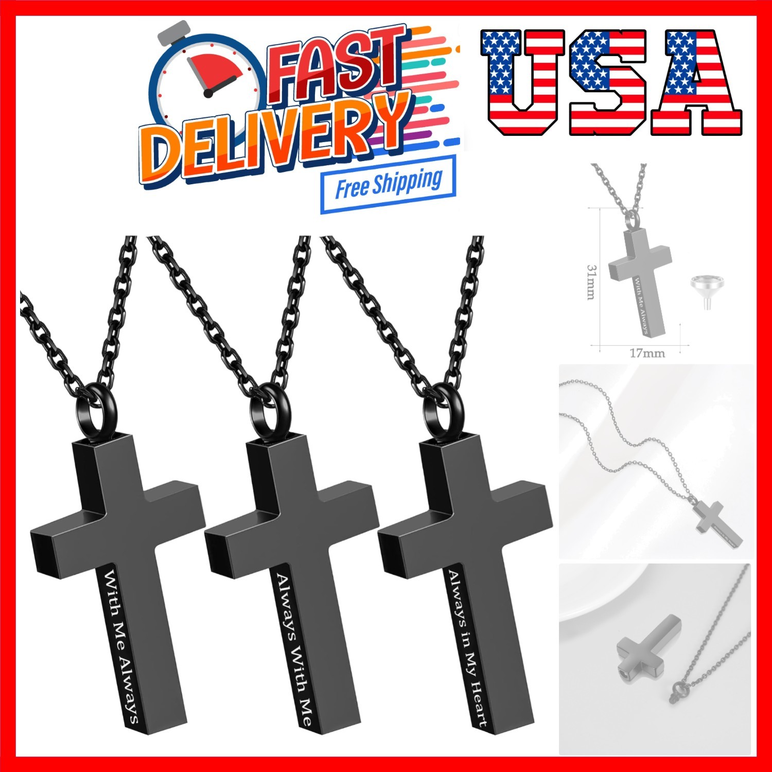 3 Pack Cremation Cross Urn Necklaces for Ashes for Men Cross Urns Pendant Ash...