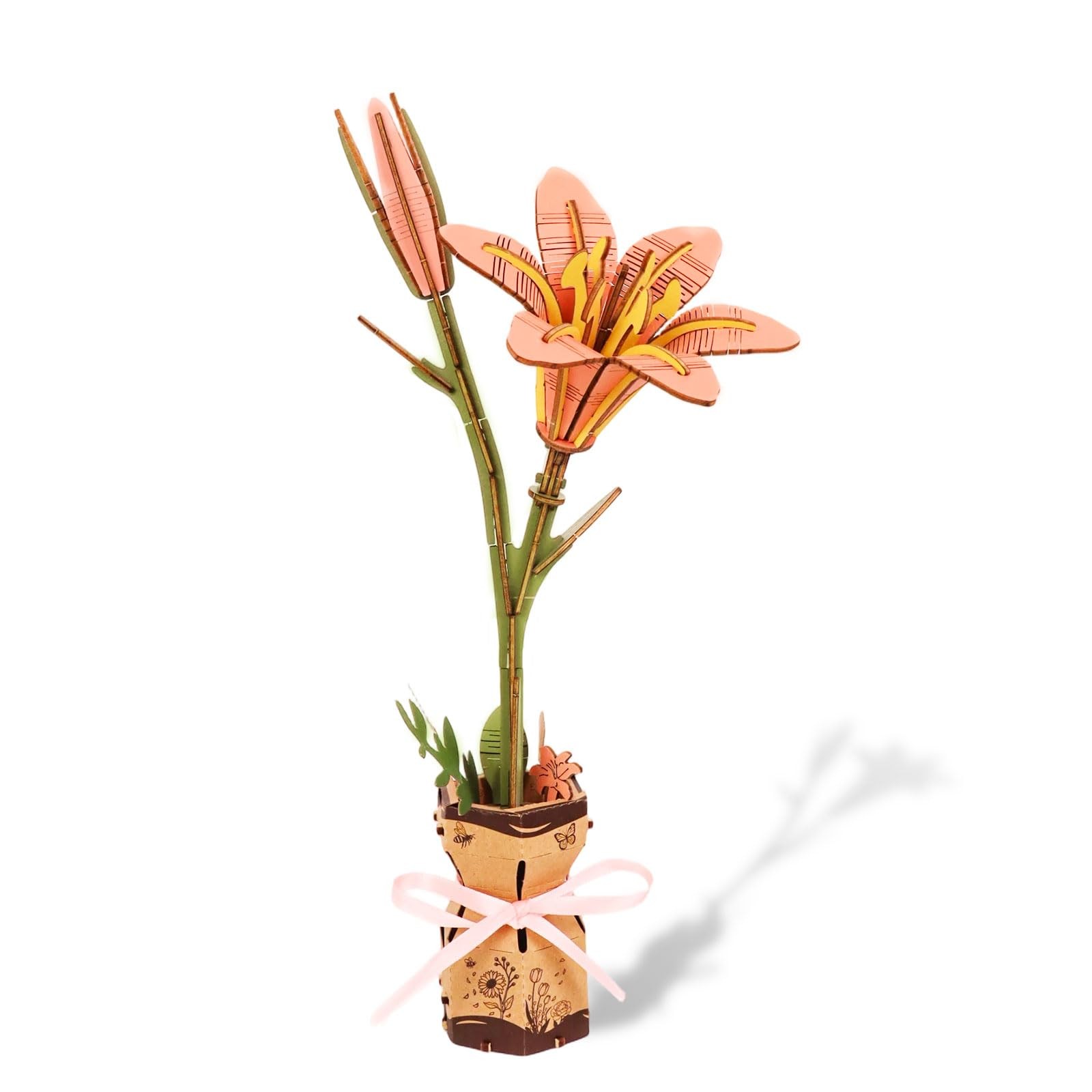 3D Flower Wooden Puzzles Kit, DIY 129 pieces, 4 inches x 7 inches, Pink Lily 