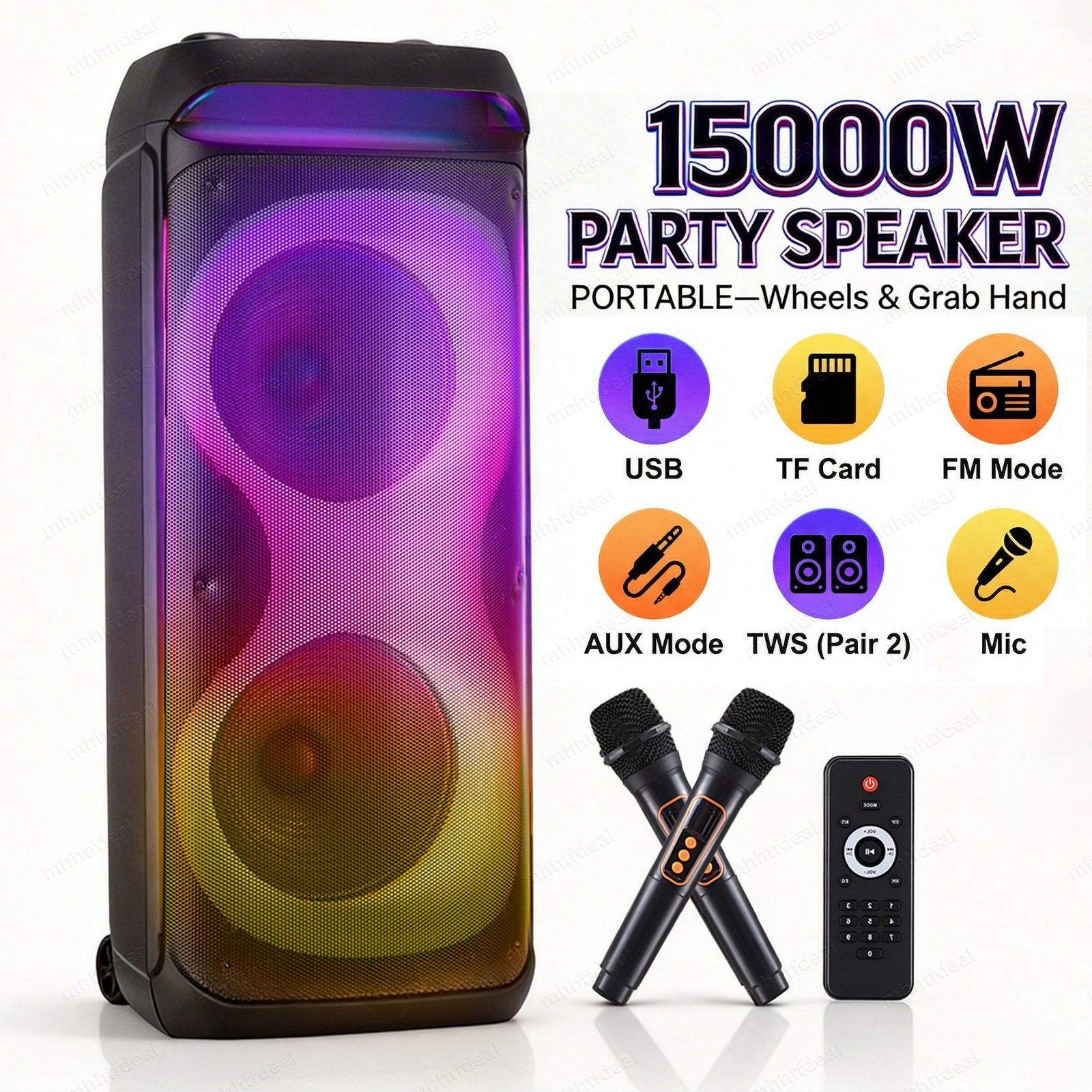 Dual Size Bluetooth Party Speaker 10 12 Inch with LED Lights FM USB AUX TF Mode