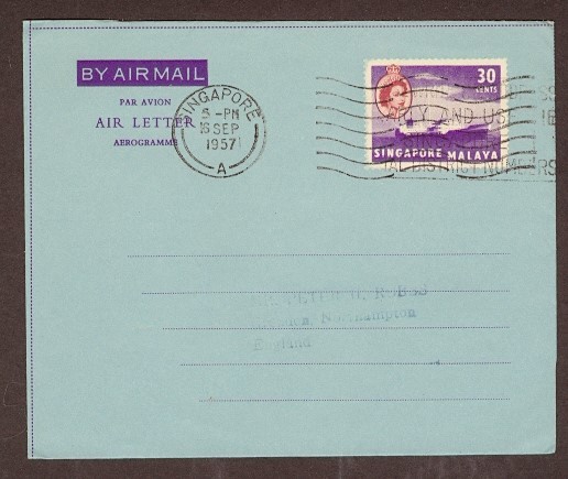 SINGAPORE H&G F8 1957 AIR LETTER TO UK