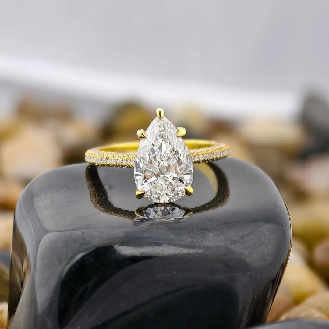 3CT Pear Cut Hidden Halo Lab Grown Diamond Engagement Ring Unique 14K Gold Ring