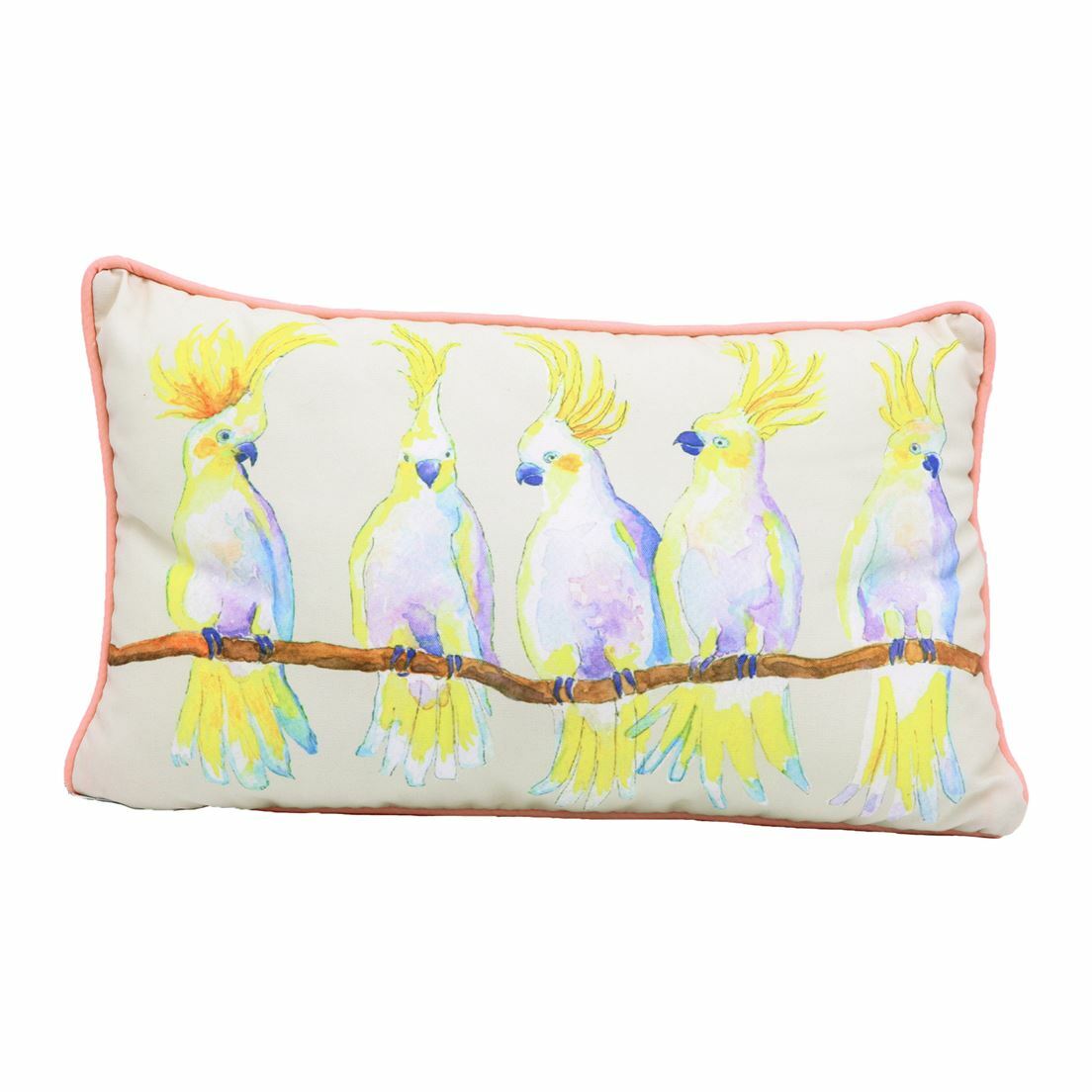 Cockatoo Birds accent throw pillow, 11 x 17, watercolor yellow, white, coral NWT