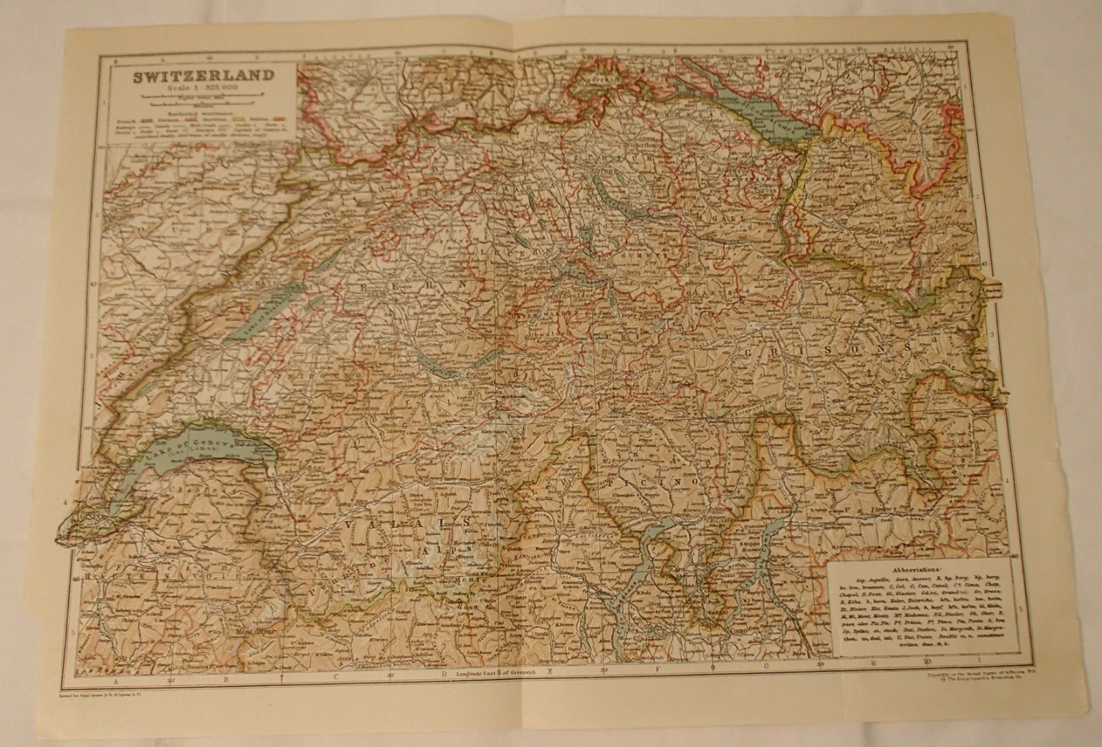 1910 Antique Original Switzerland National Map Encyclopedia Britannica